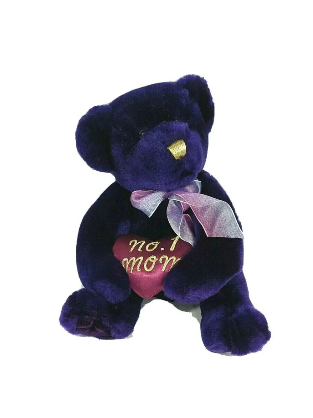 No 1 Mom Teddy Bear Plush Stuffed Animal Toy Dark Purple Heart Gold Trim 9 inch